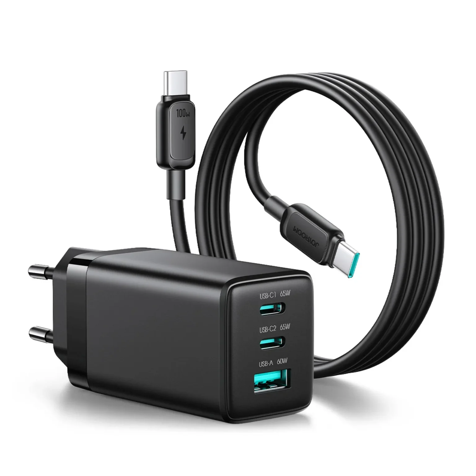 65 W-os GaN USB-A–USB-C fali töltő 100 W-os USB-C kábellel (1,2 m) – fekete 65 W-os GaN USB-A–USB-C fali töltő 100 W-os USB-C kábellel (1,2 m) – fekete