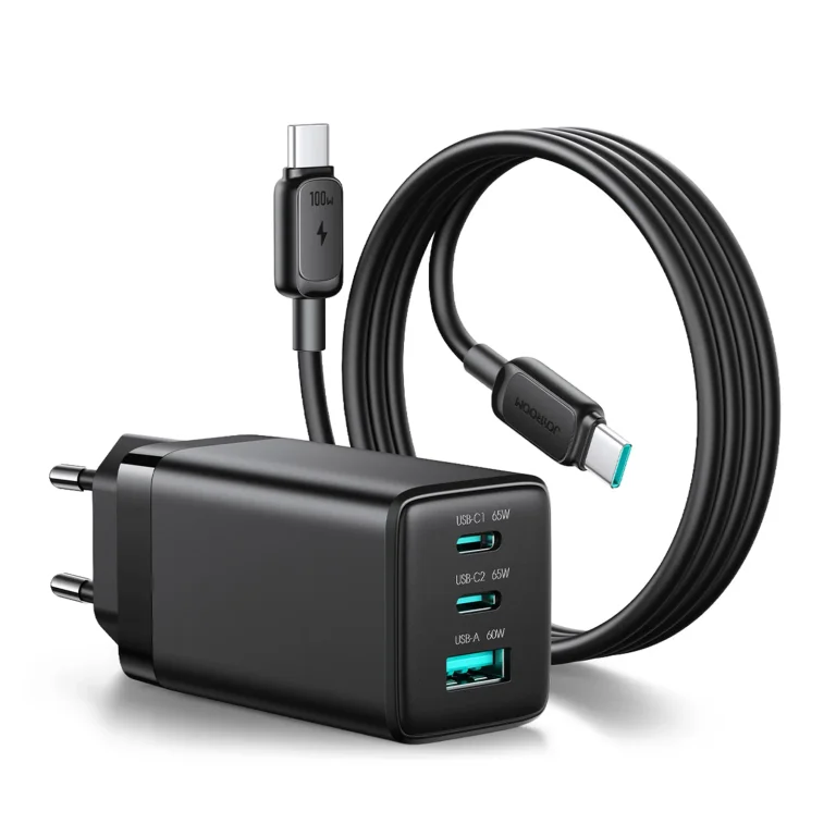 65 W-os GaN USB-A–USB-C fali töltő 100 W-os USB-C kábellel (1,2 m) – fekete