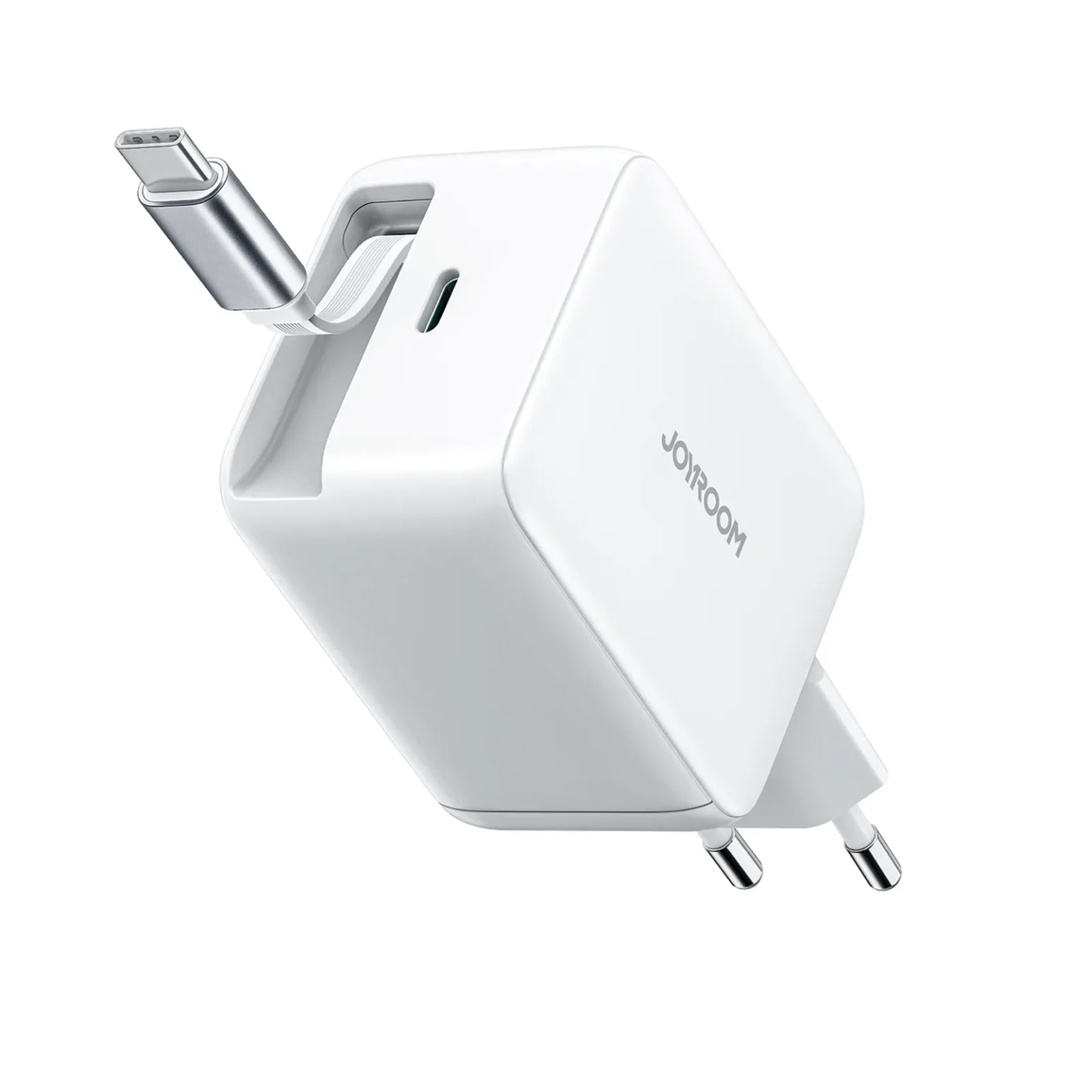 GaN fali töltő behúzható USB-C kábellel, 67 W – fehér