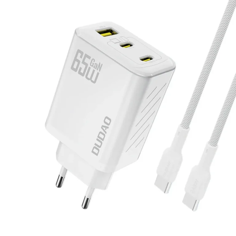 GaN hálózati adapter 1 m-es USB-C kábellel, 65 W – fehér