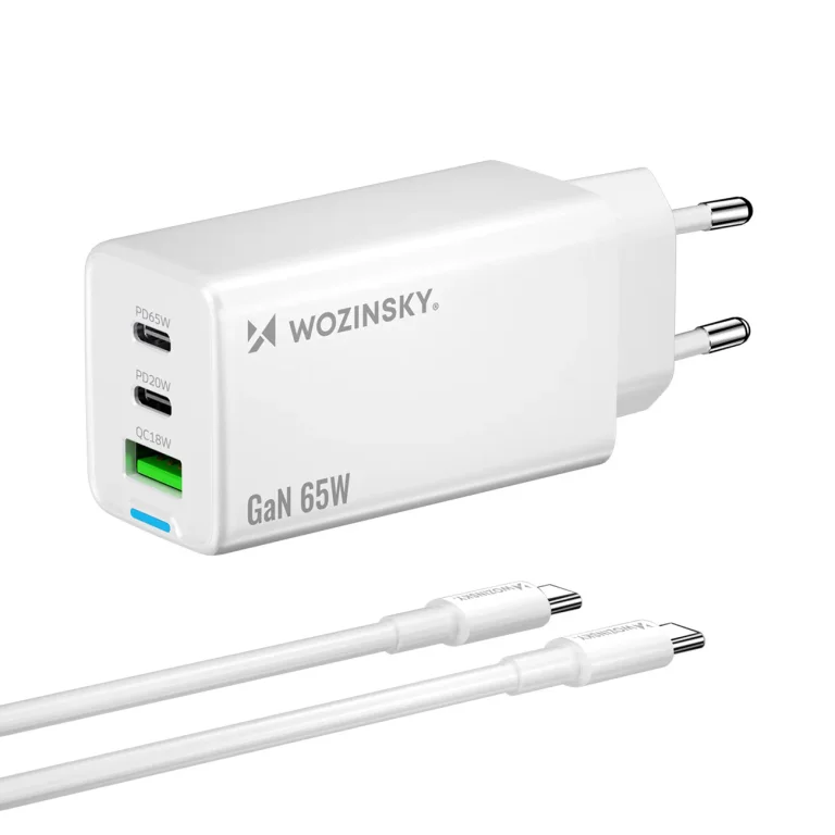GaN USB-A–USB-C fali töltő USB-C kábellel, 65 W – Fehér