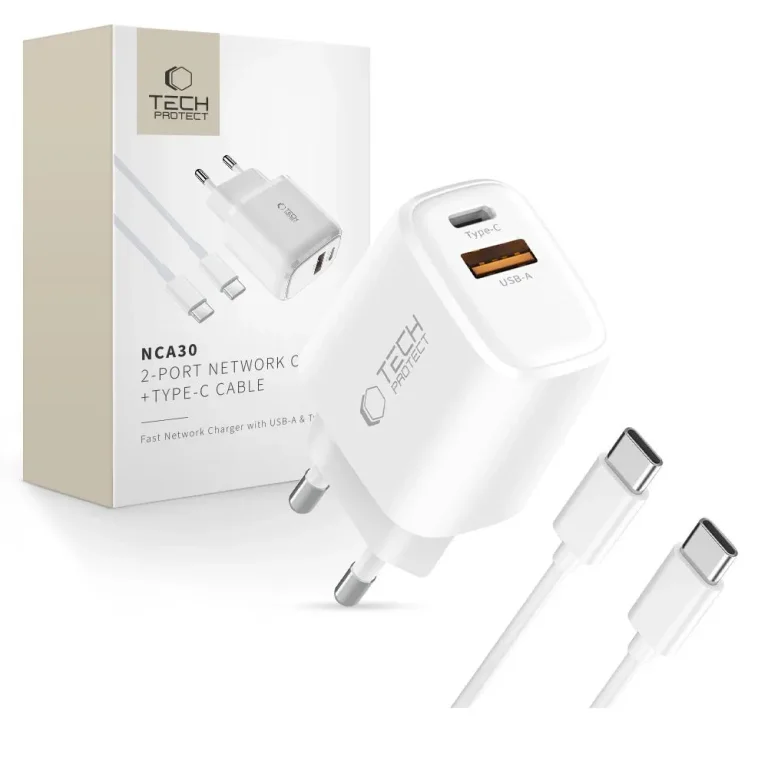 NCA30 USB-A USB-C PD QC 30 W-os fali töltő 1 m-es USB-C kábellel – fehér