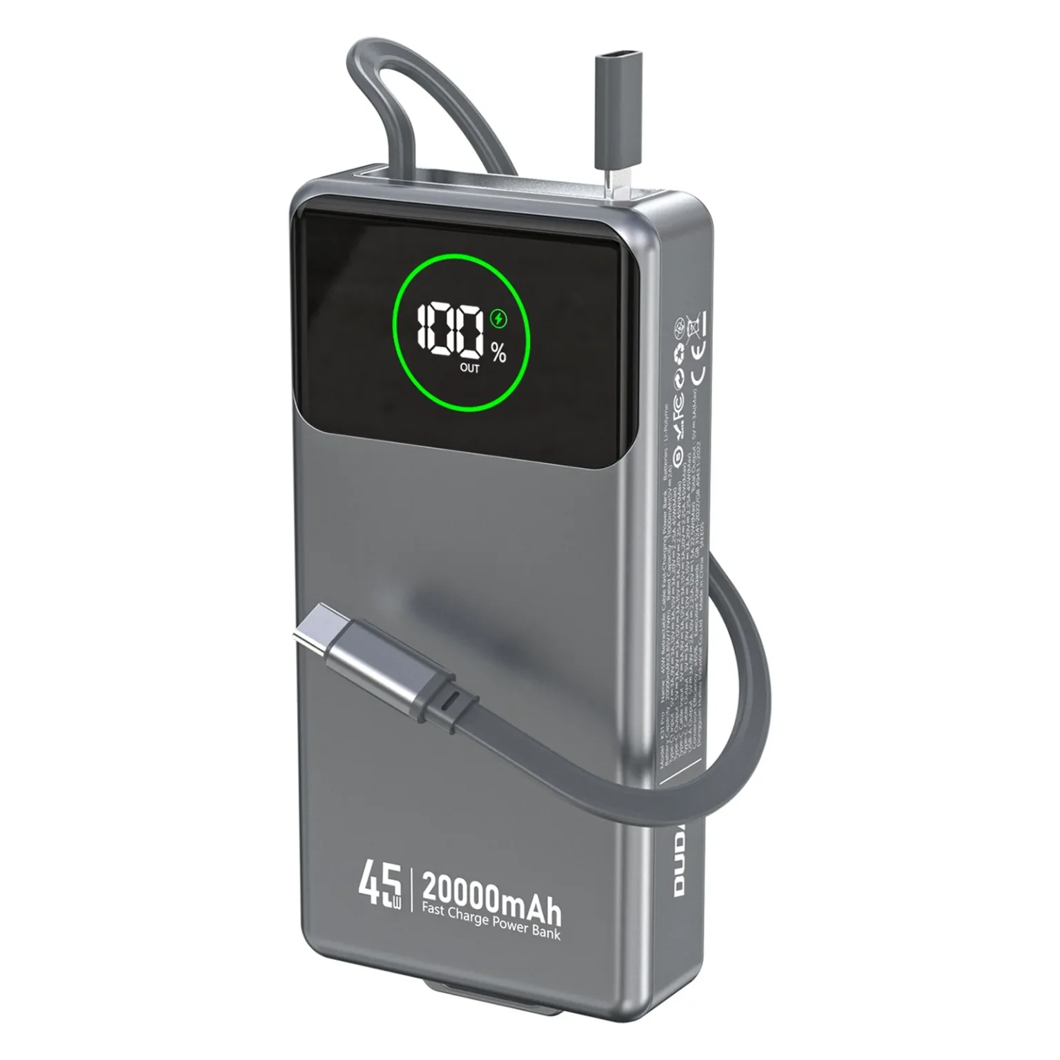K31 Pro 20000 mAh-s powerbank behúzható 45 W-os USB-C kábellel – szürke K31 Pro 20000 mAh-s powerbank behúzható 45 W-os USB-C kábellel – szürke