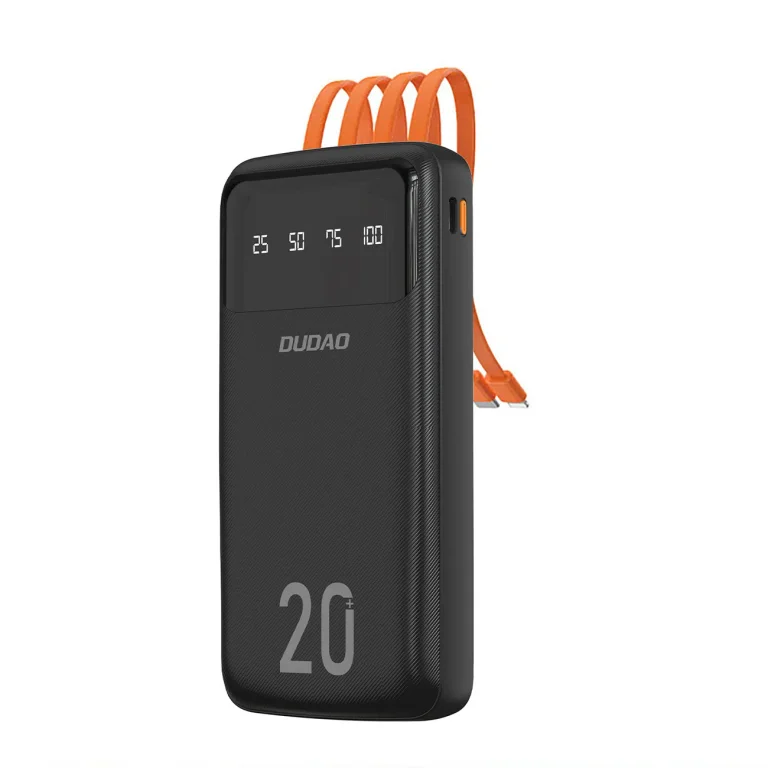 K6Pro+ 20000 mAh-s power bank beépített USB-C, microUSB és iPhone Lightning kábelekkel – fekete