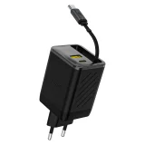 67 W-os GaN USB-A–USB-C fali töltő behúzható USB-C PD QC kábellel – fekete