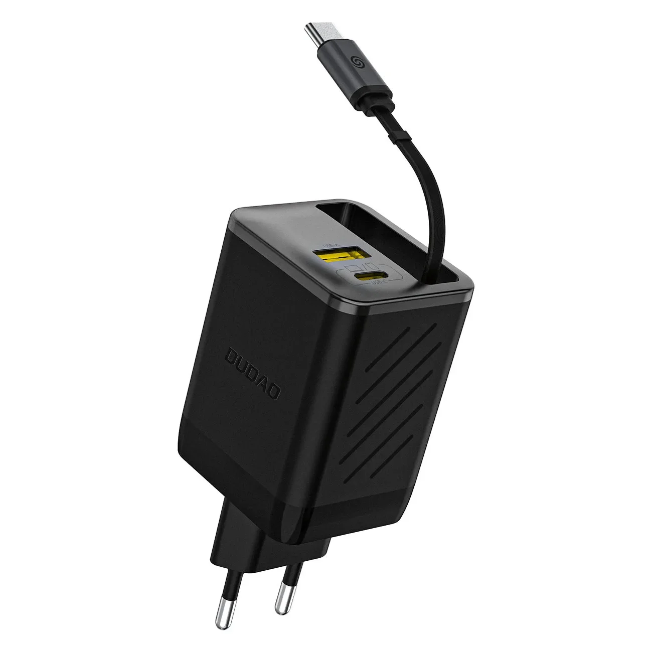 67 W-os GaN USB-A–USB-C fali töltő behúzható USB-C PD QC kábellel – fekete 67 W-os GaN USB-A–USB-C fali töltő behúzható USB-C PD QC kábellel – fekete