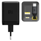 67 W-os GaN USB-A–USB-C fali töltő behúzható USB-C PD QC kábellel – fekete 3