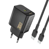 USB-C AC adapter s USB-C kabelom, GaN PD 30W - crni