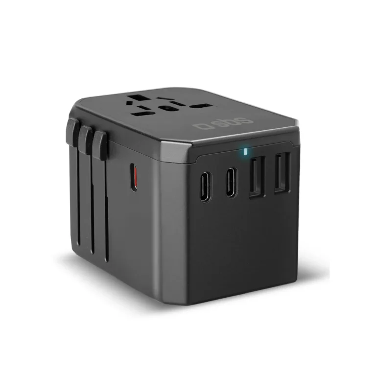 Utazási adapter EU, UK, US és AUS aljzatokhoz, USB-C és USB-A portokkal, GaN 70 W – fekete