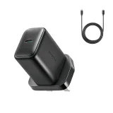 AC punjač s kabelom, britanski utikač, USB-C, 25 W, 1 m - crni