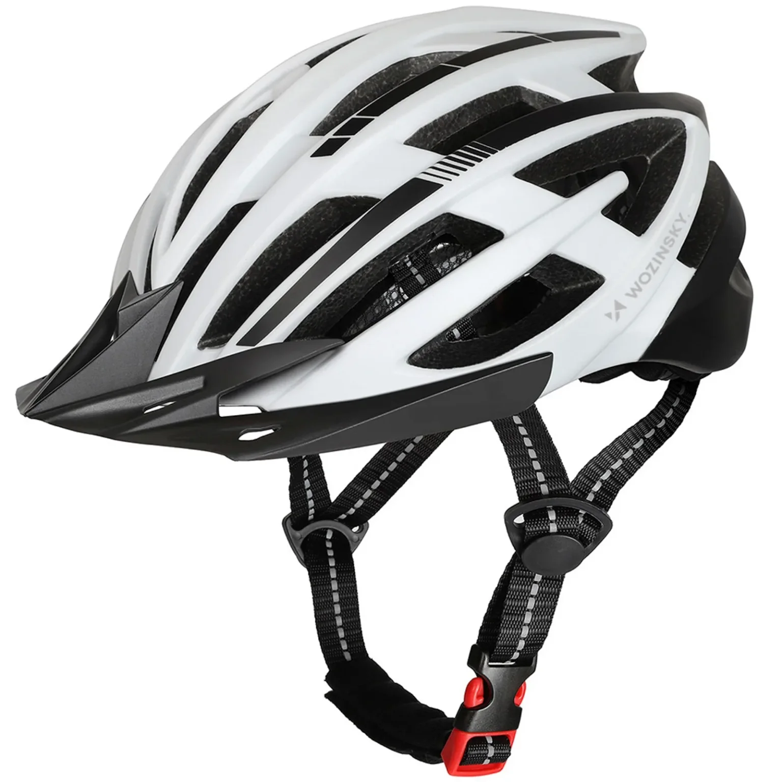 MTB kerékpáros sisak levehető napellenzővel és USB hátsó lámpával, 54-57 cm - fekete-fehér MTB kerékpáros sisak levehető napellenzővel és USB hátsó lámpával, 54-57 cm - fekete-fehér