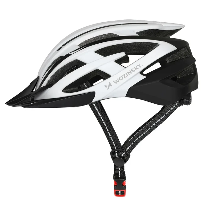 MTB kerékpáros sisak levehető napellenzővel és USB hátsó lámpával, 54-57 cm - fekete-fehér