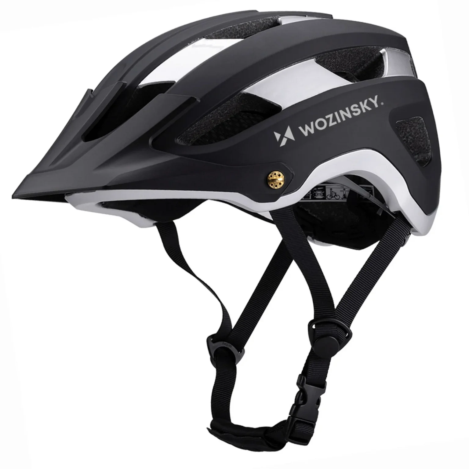 Könnyű MTB kerékpáros sisak levehető napellenzővel, 57-62 cm - fekete és ezüst színben Könnyű MTB kerékpáros sisak levehető napellenzővel, 57-62 cm - fekete és ezüst színben