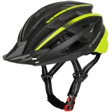 MTB kerékpáros sisak levehető napellenzővel és USB hátsó lámpával, 57-62 cm - fekete és sárga színben