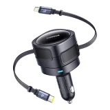 Punjač za automobil s uvlačivim USB-C i iPhone Lightning kabelima, 60 W - crni