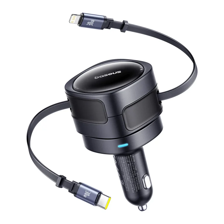 Autótöltő visszahúzható USB-C és iPhone Lightning kábelekkel, 60W - fekete