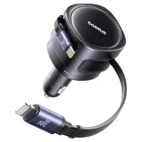 Punjač za automobil s uvlačivim USB-C i iPhone Lightning kabelima, 60 W - crni 3