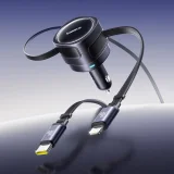 Punjač za automobil s uvlačivim USB-C i iPhone Lightning kabelima, 60 W - crni 6