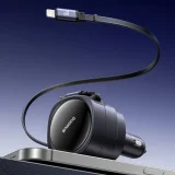 Punjač za automobil s uvlačivim USB-C i iPhone Lightning kabelima, 60 W - crni 9