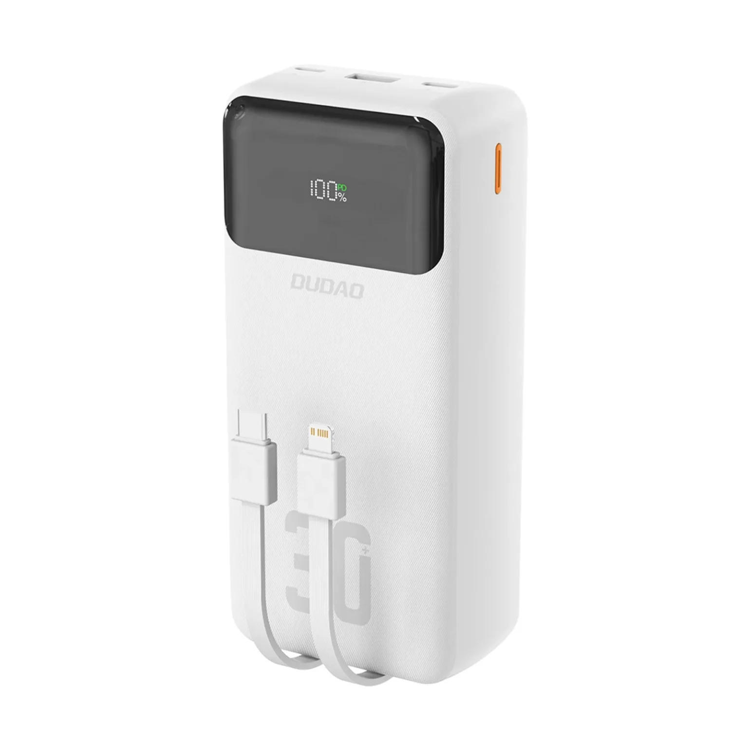 30 000 mAh-s hordozható akkumulátor USB-A és USB-C csatlakozóval, K15Max PD 22,5 W, USB-C és iPhone Lightning kábellel – fehér