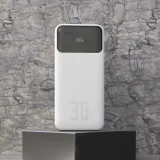 30 000 mAh-s hordozható akkumulátor USB-A és USB-C csatlakozóval, K15Max PD 22,5 W, USB-C és iPhone Lightning kábellel – fehér 2