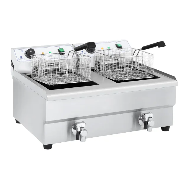 Kétkamrás, csapokkal ellátott ipari fritőz, 230 V, 2x16 l