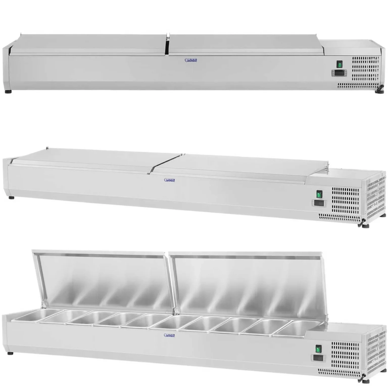 Hűtött vitrin acél fedéllel, 10x GN1/4, 200 cm