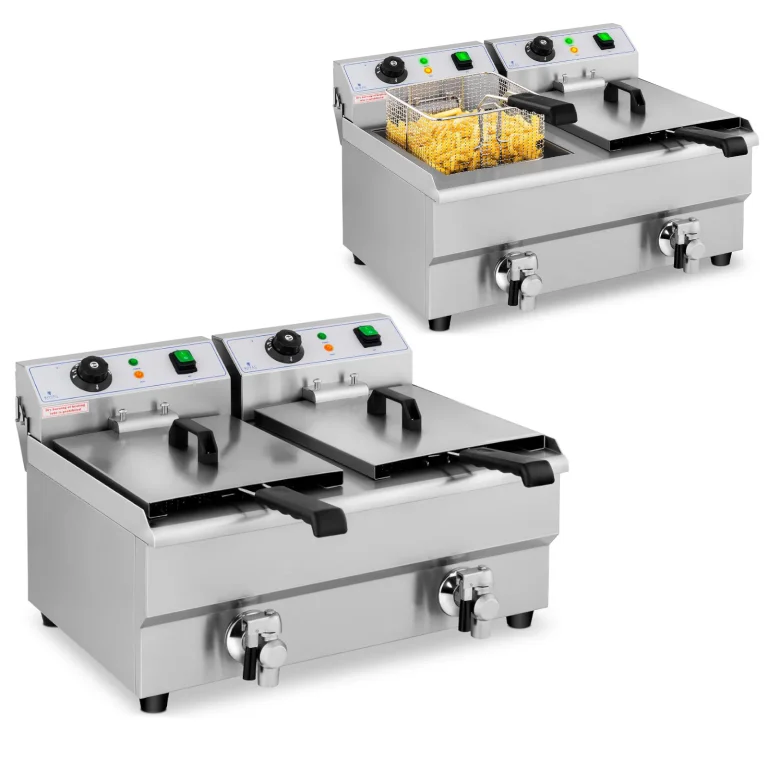 Kétkosaras, leeresztő szeleppel ellátott, ipari elektromos sütőolaj-forraló, 230 V, 2 x 3000 W, 2 x 10 l