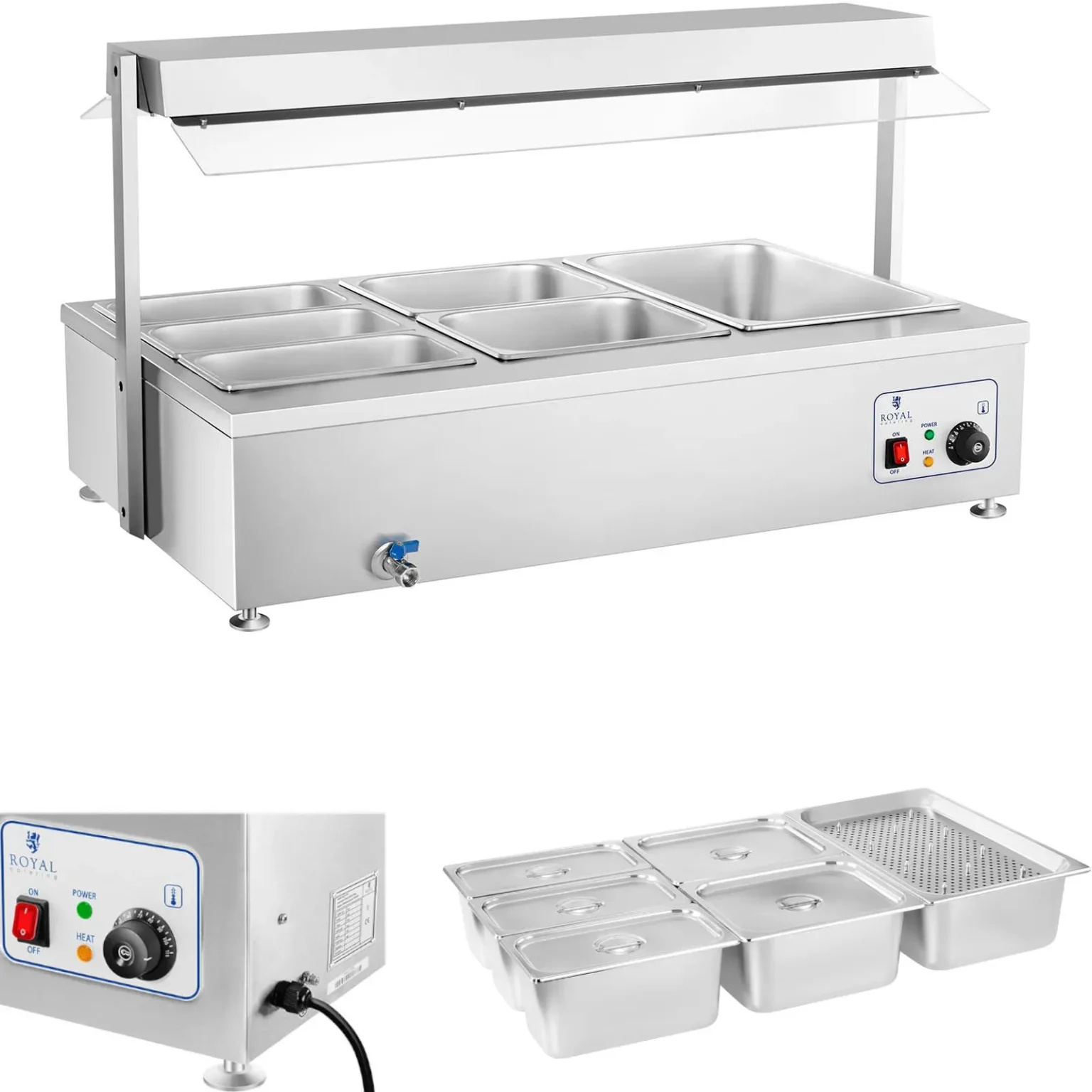 Royal Catering 6 x GN 150 mm-es, 55 literes, csapokkal ellátott, szabadon álló vízfürdő