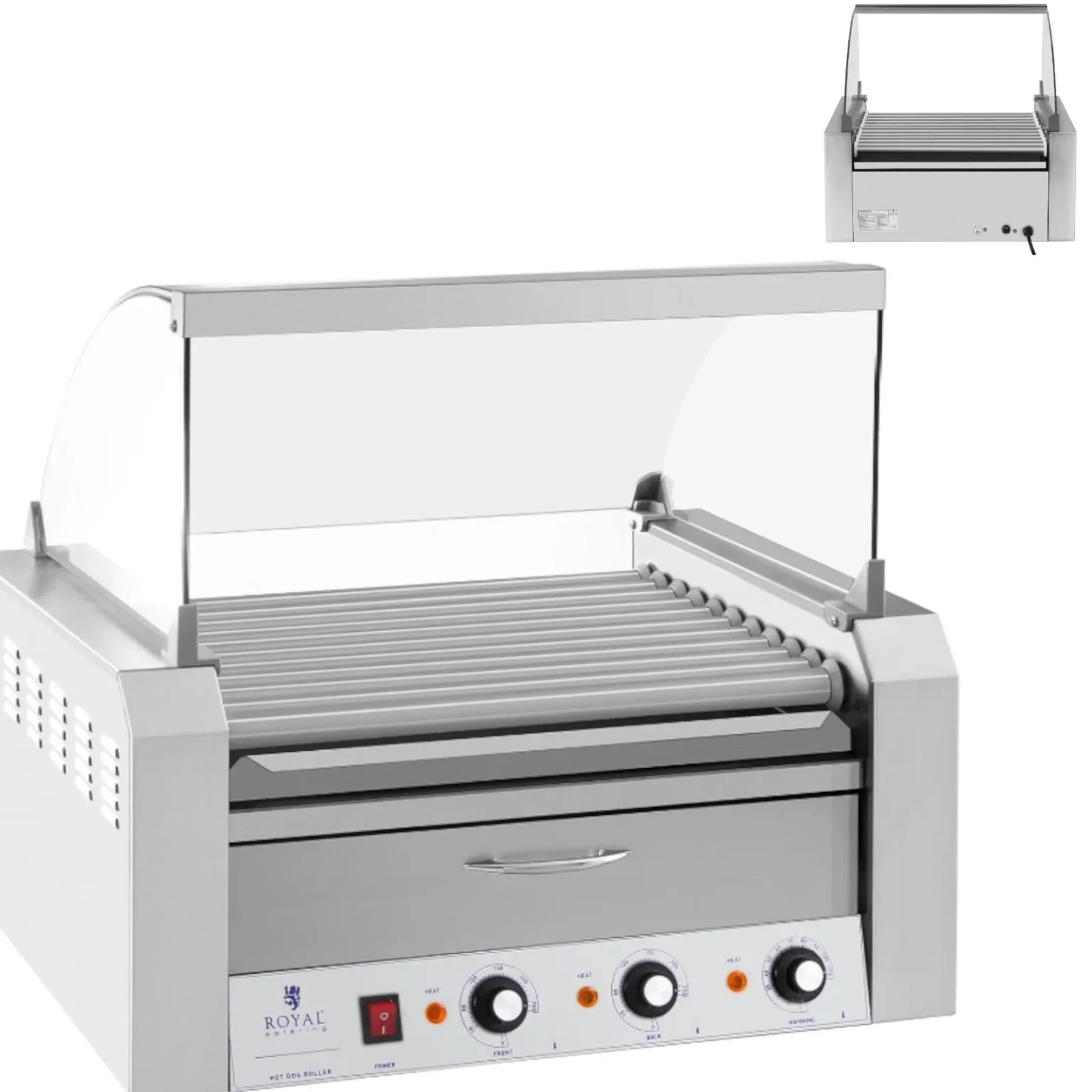 Fedeles hengergrill és melegítő fiók 20 hot doghoz, 2600 W, 230 V, Royal Catering
