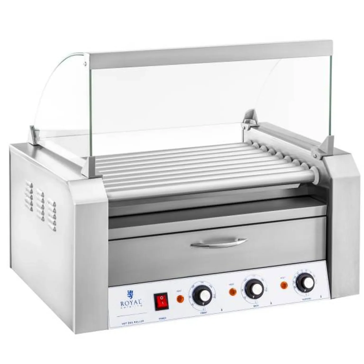 Roller grill fedéllel és melegítő fiókkal 16 hot doghoz 2200 W 230 V Royal Catering