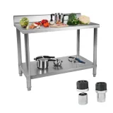 Masă de bucătărie cu blat din oțel inoxidabil, margine de protecție și raft inferior, 120x60cm