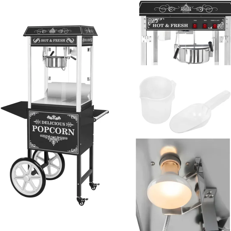Professzionális, nagy teljesítményű, kerekes mobil popcornkészítő, 230 V, 1,6 kW, fekete