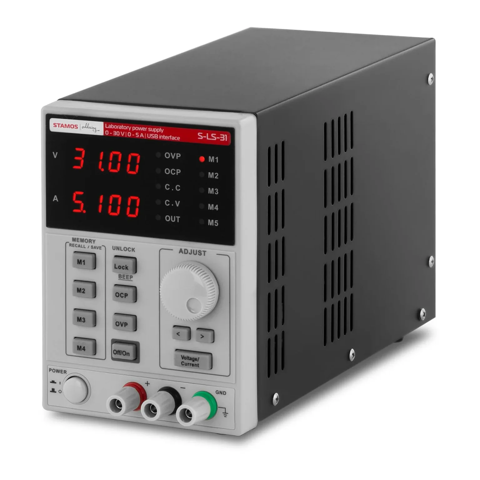 Memóriafunkcióval ellátott laboratóriumi tápegység, 0–30 VDC, 0–5 A, USB / RS232 + CD S-LS-31 Memóriafunkcióval ellátott laboratóriumi tápegység, 0–30 VDC, 0–5 A, USB / RS232 + CD S-LS-31