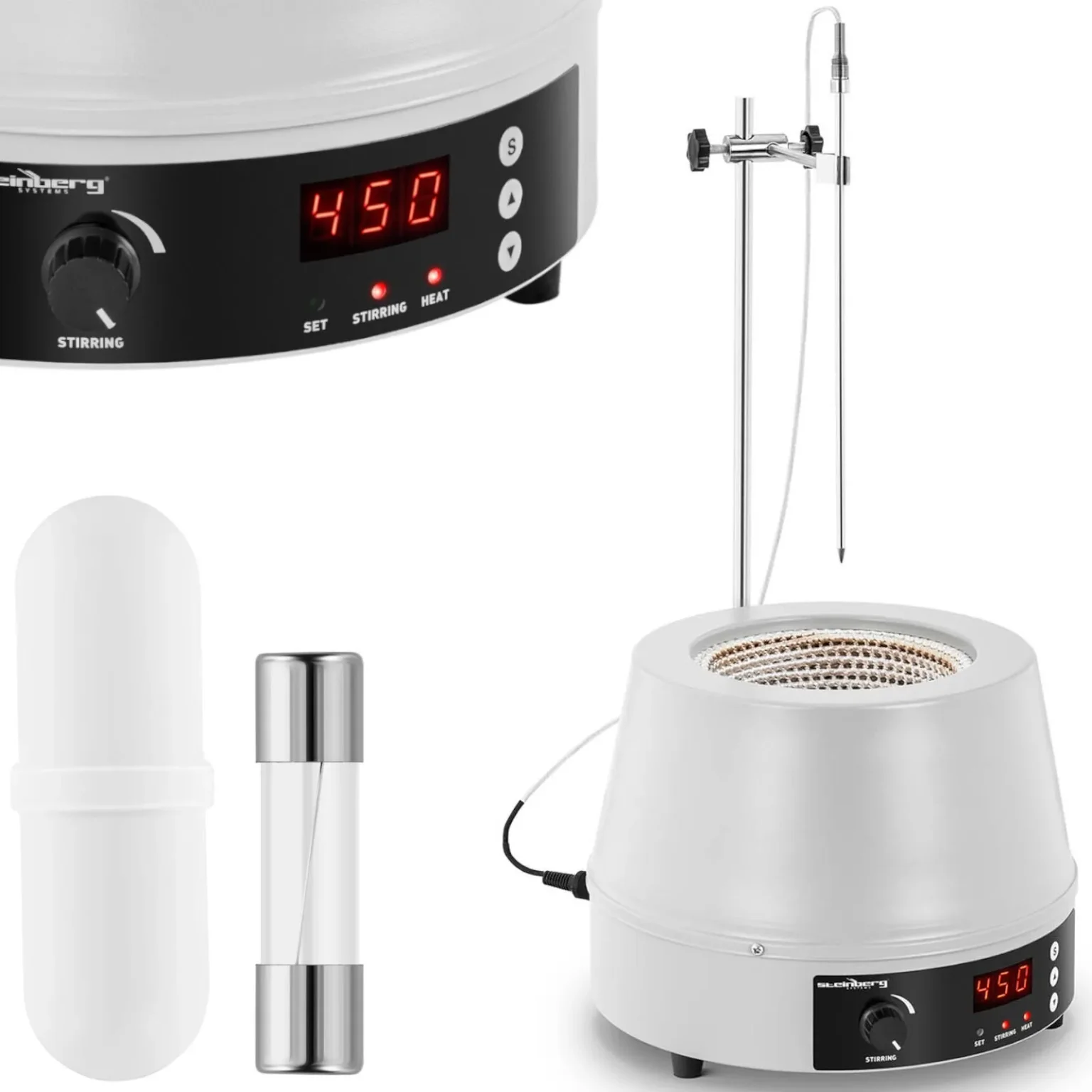 Laboratóriumi fűtőköpeny mágneses keverővel + állvánnyal, 1600 fordulat/perc, 450 °C