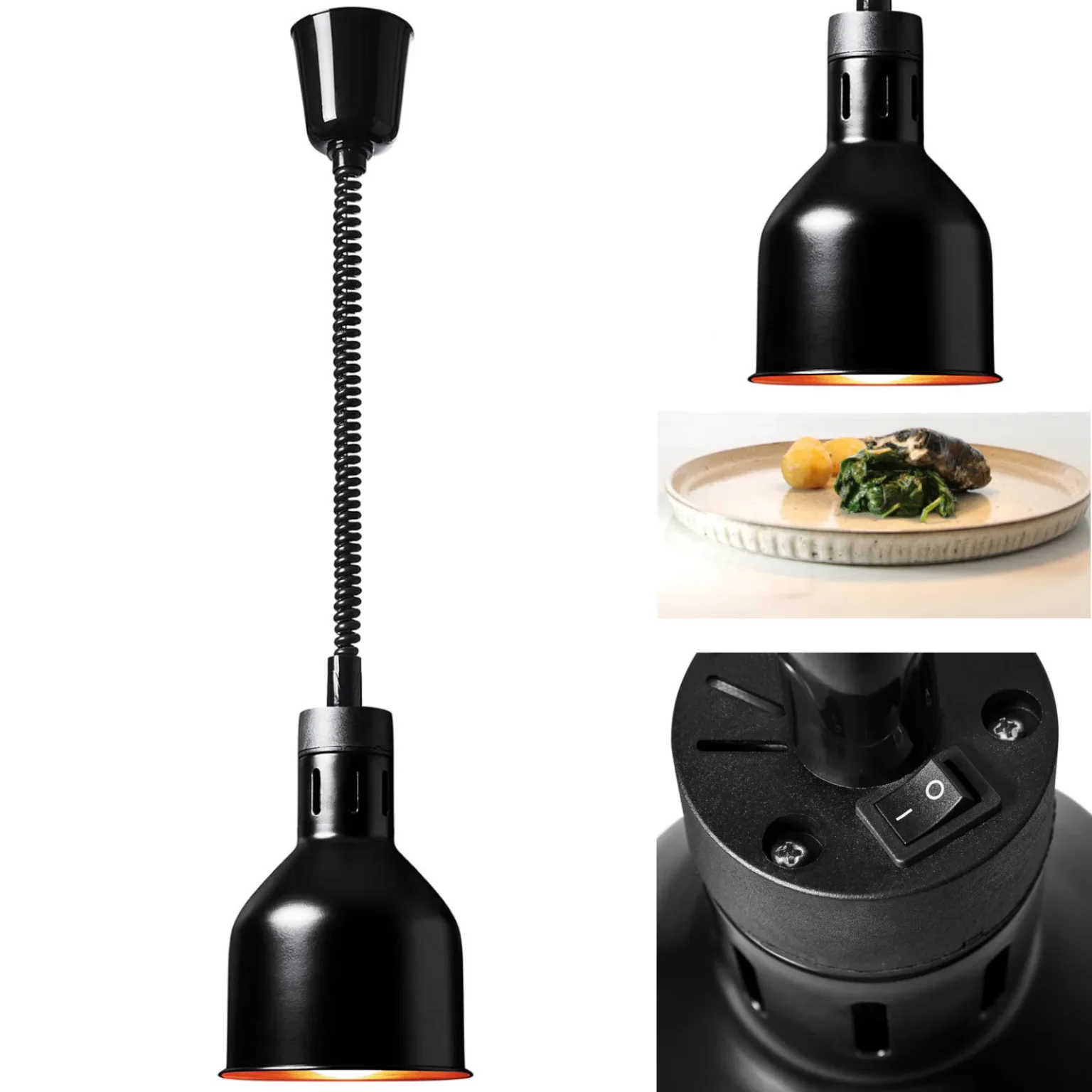 Crna viseća infracrvena (IR) grijalica za hranu, promjer 17 cm, 250 W Crna viseća infracrvena (IR) grijalica za hranu, promjer 17 cm, 250 W