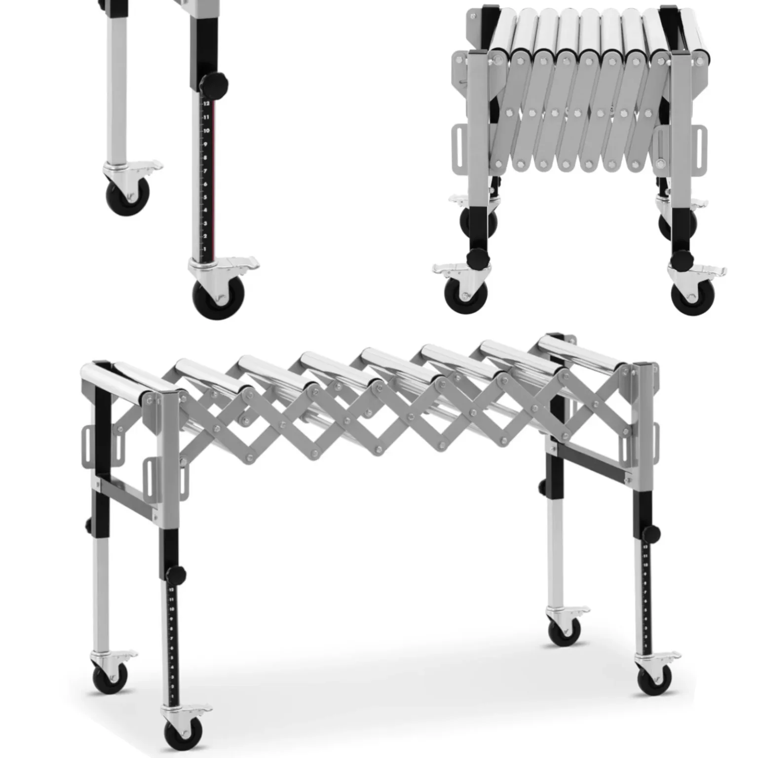 Összecsukható görgős szállítóasztal, 9 görgő, max. 130 kg, 145 x 59 x 96 cm