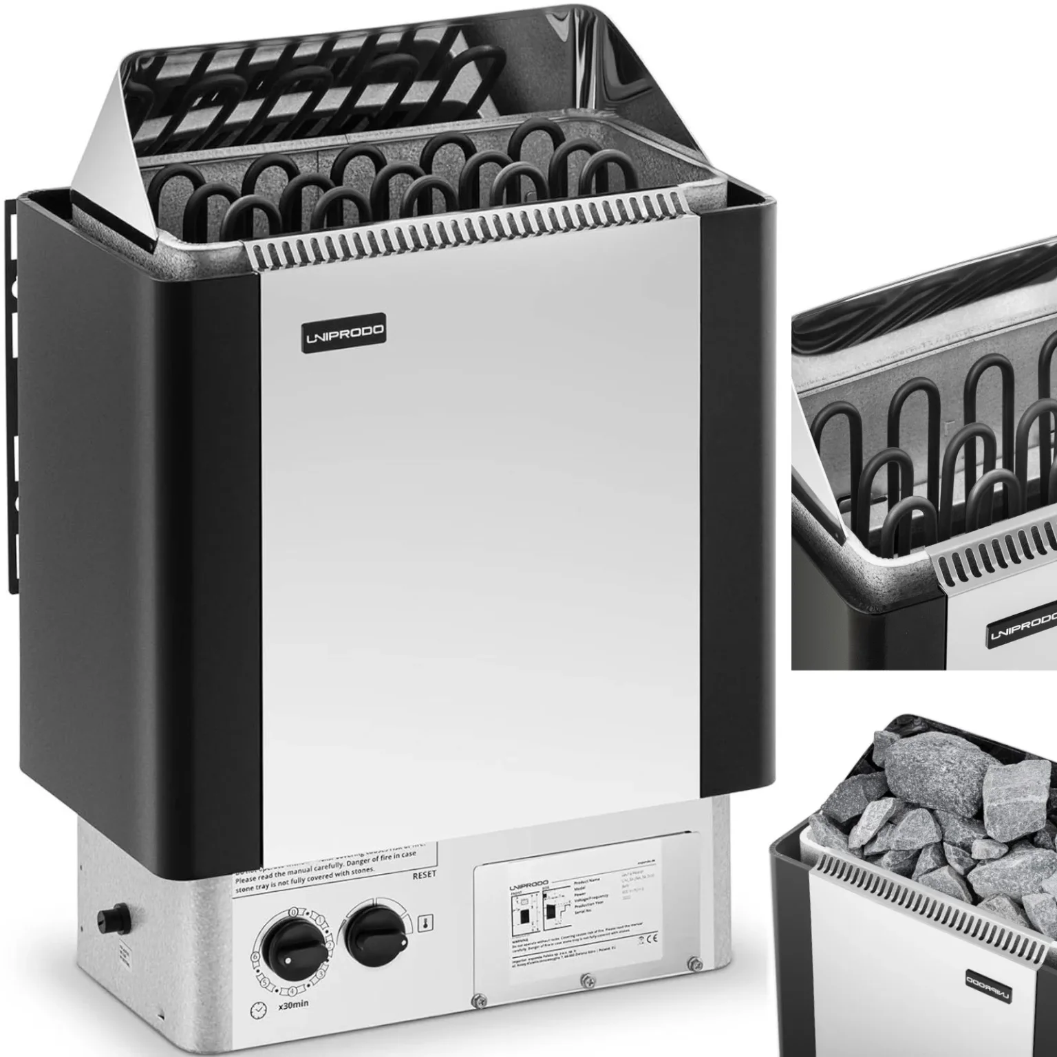 Elektromos szaunakályha beépített vezérléssel, 8–12 m³, max. 110 °C, 400 V, 8 kW, ezüst-fekete