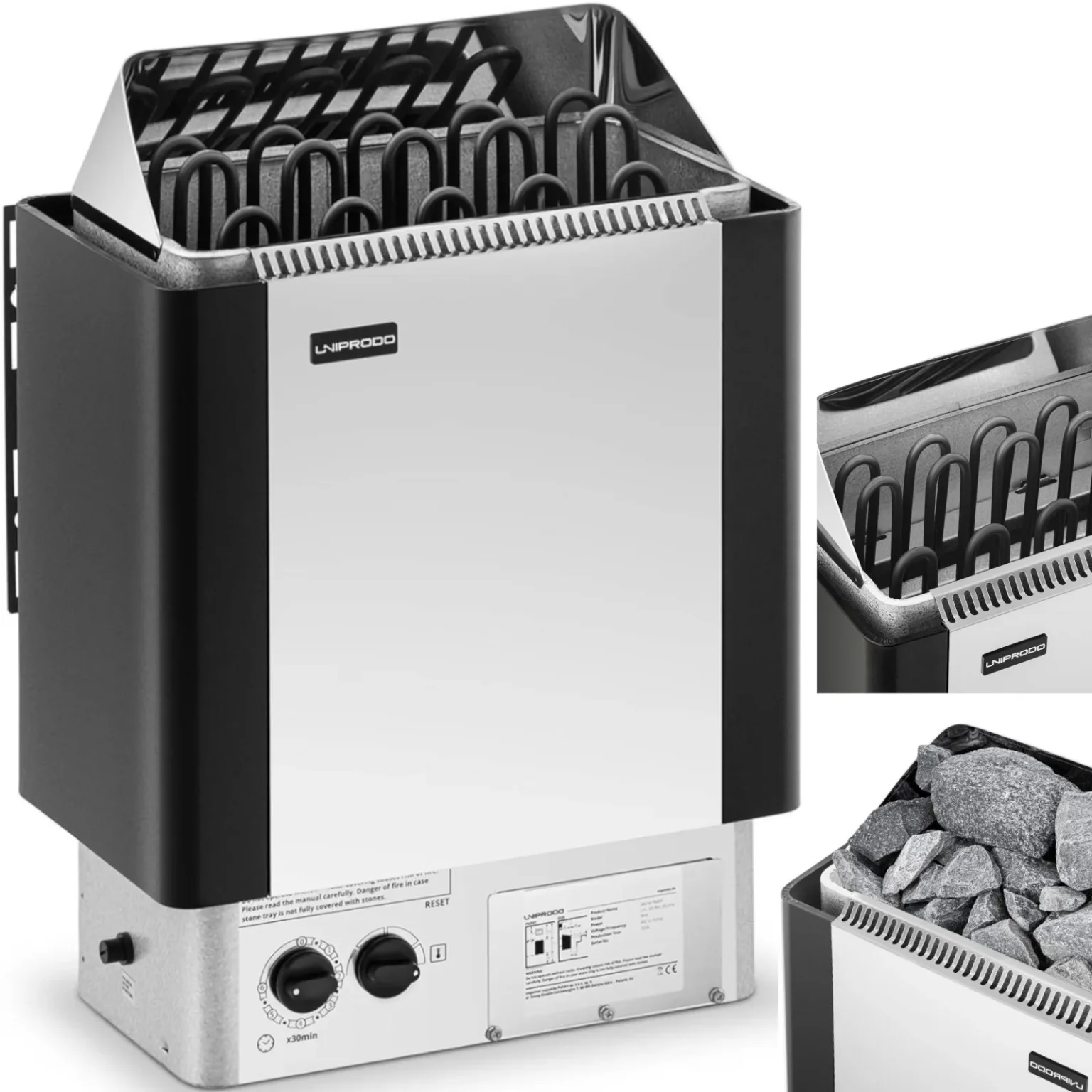Elektromos szaunakályha beépített vezérléssel, 9–13 m³, max. 110 °C, 400 V, 9 kW, ezüst-fekete Elektromos szaunakályha beépített vezérléssel, 9–13 m³, max. 110 °C, 400 V, 9 kW, ezüst-fekete