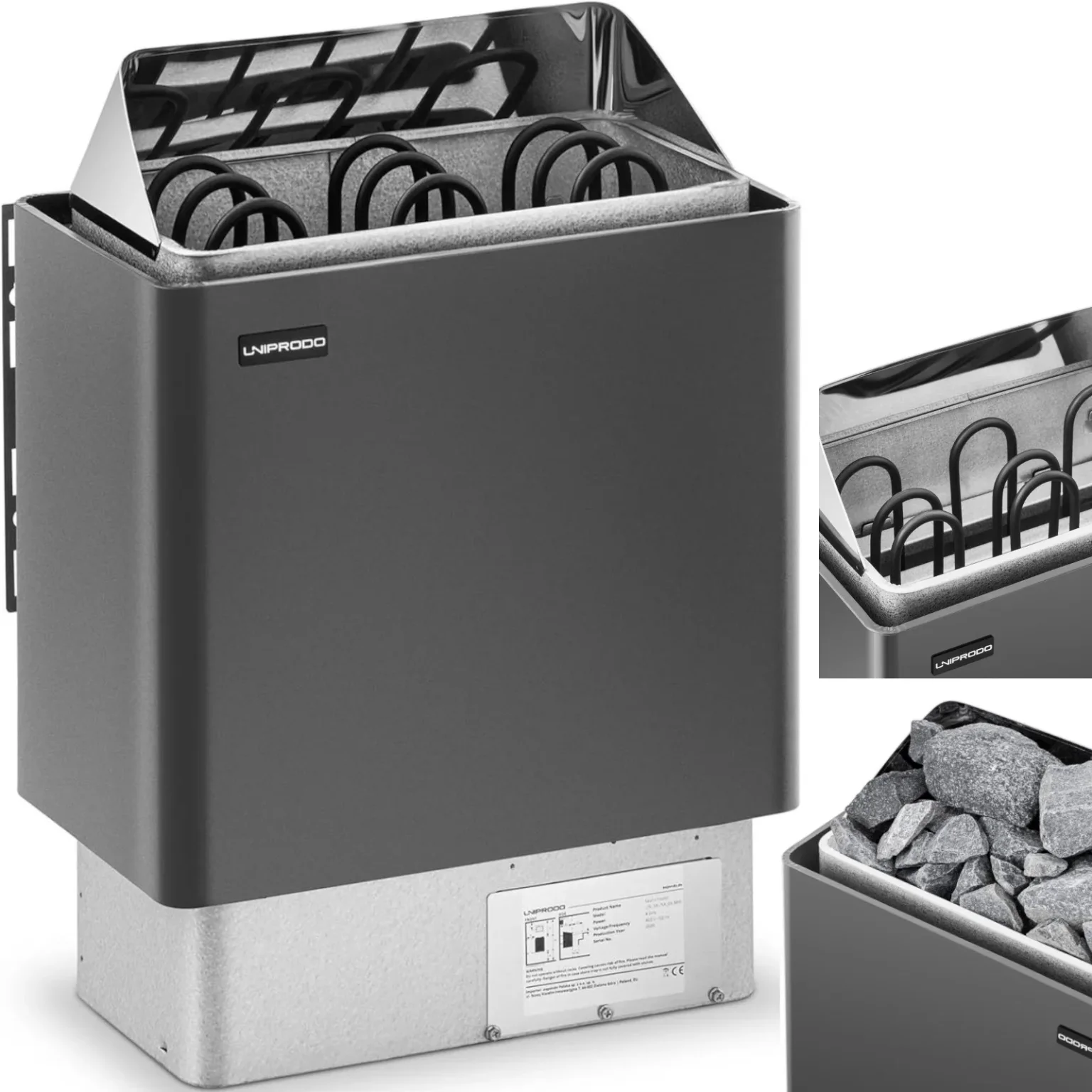 Elektromos szaunafűtő 3–6 m³, 110 °C-ig, 400 V, 4,5 kW, fekete és ezüst