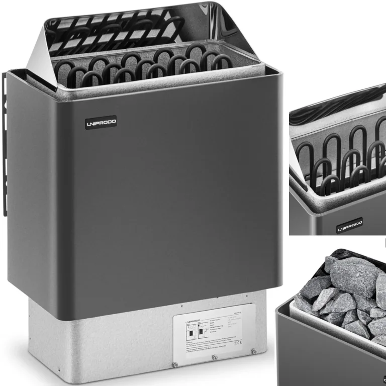Elektromos szaunafűtő 8–12 m³, 110 °C-ig, 400 V, 8 kW, fekete és ezüst
