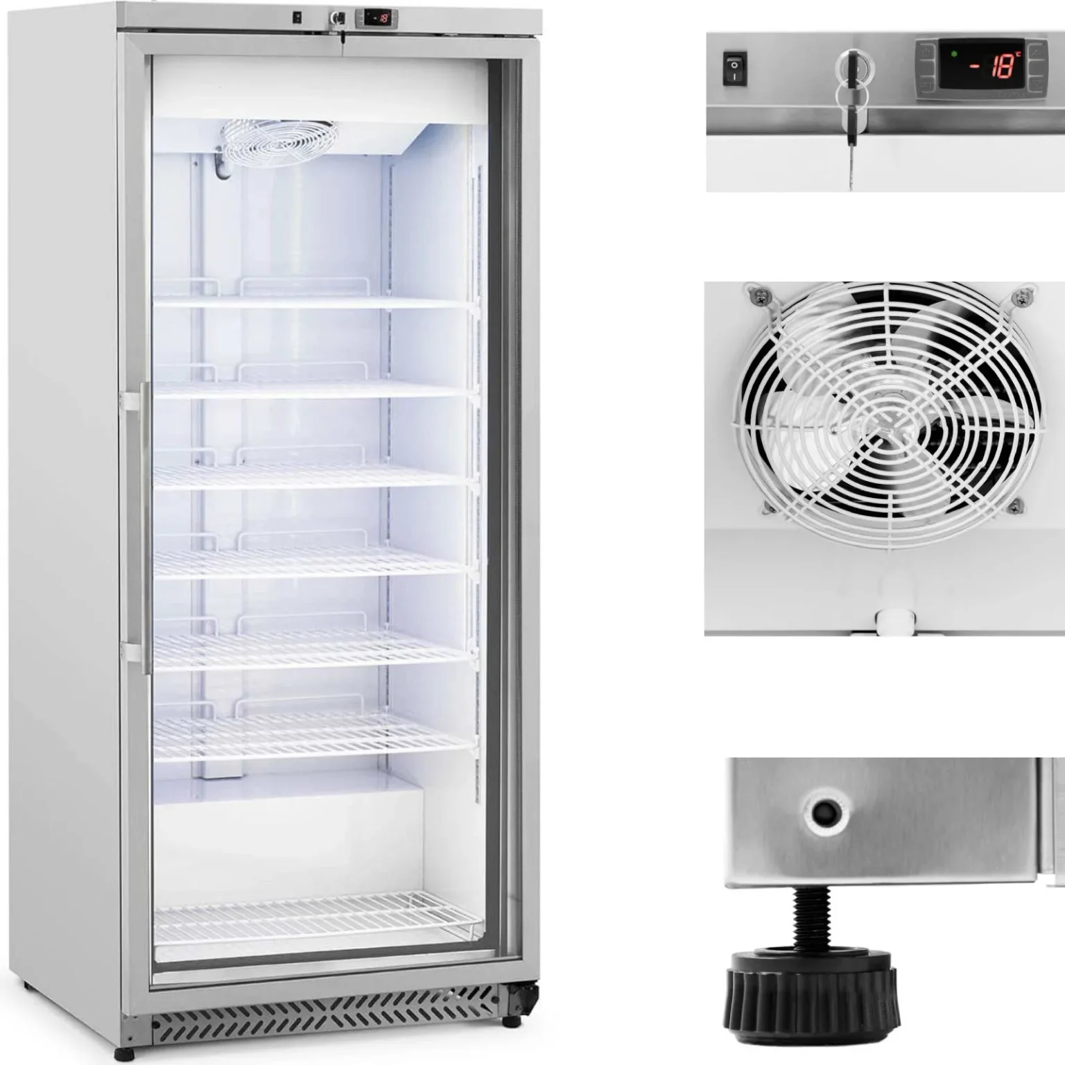 Üvegajtós fagyasztószekrény, 7 polccal, 580 l, 492 mm széles – ezüst