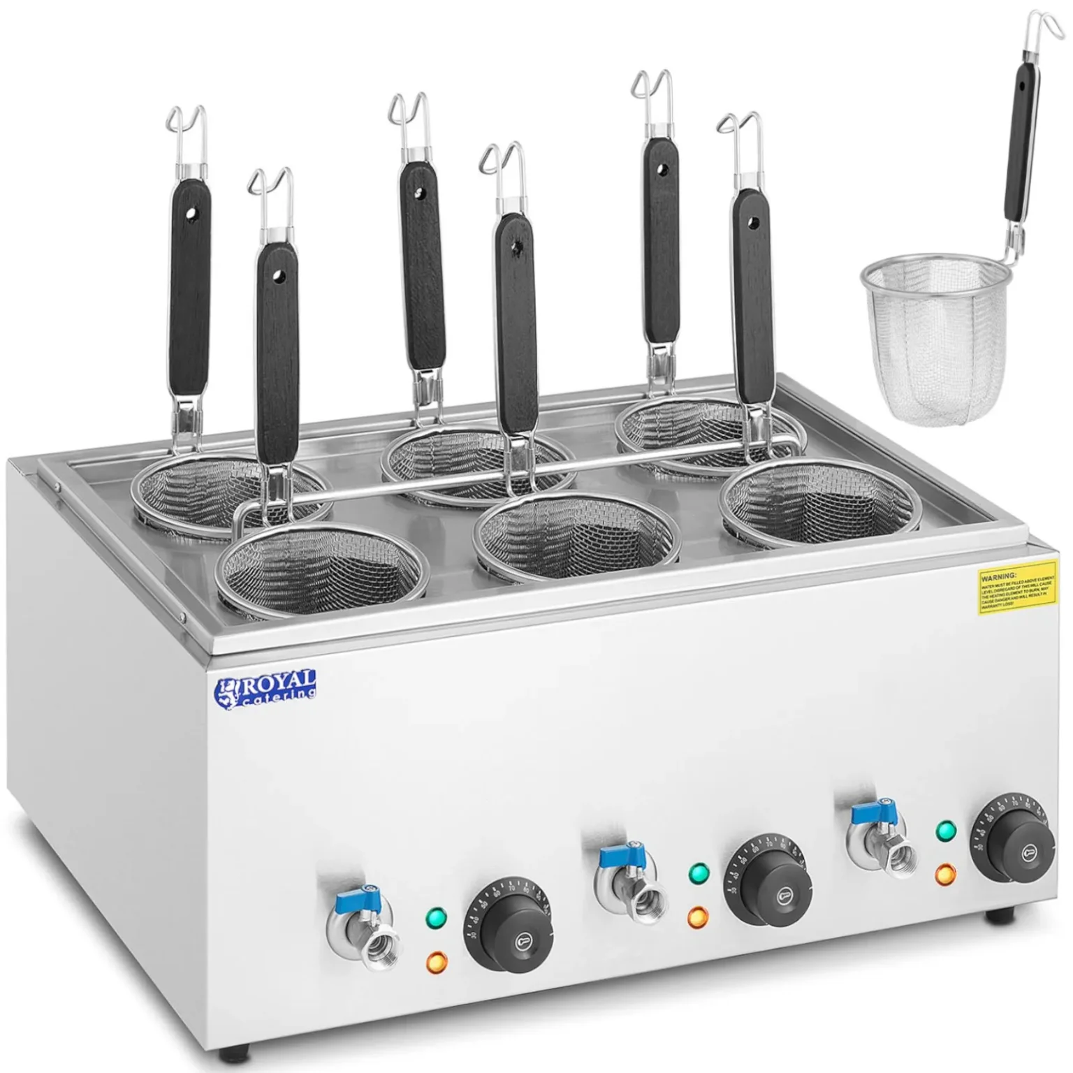 Tésztasütő csapokkal, 6 kosárral, 3 x 6,5 l, 3000 W