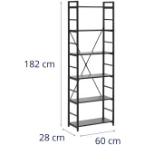 Loft stílusú könyvespolc acélvázas 28 x 60 x 182 cm fekete 6