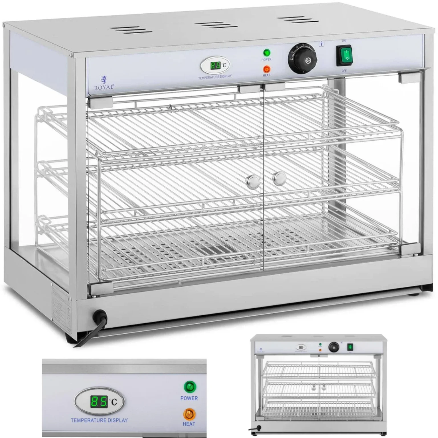 Vitrină încălzită pentru prezentarea alimentelor, 3 rafturi, 25-85 °C, 1200 W Vitrină încălzită pentru prezentarea alimentelor, 3 rafturi, 25-85 °C, 1200 W