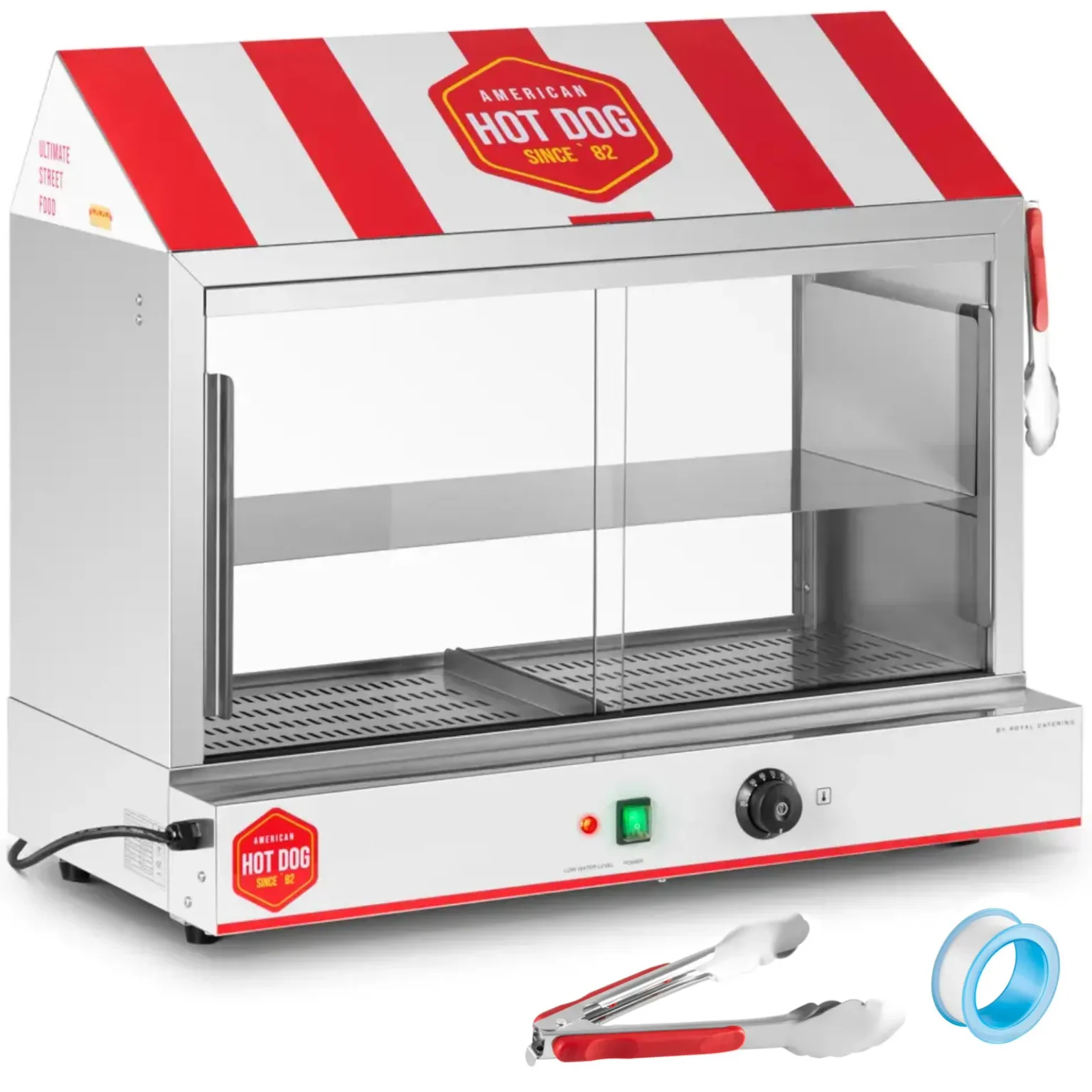 Încălzitor de hot dog pentru 300 de cârnați și 100 de chifle, 30–110 °C, 2400 W Încălzitor de hot dog pentru 300 de cârnați și 100 de chifle, 30–110 °C, 2400 W
