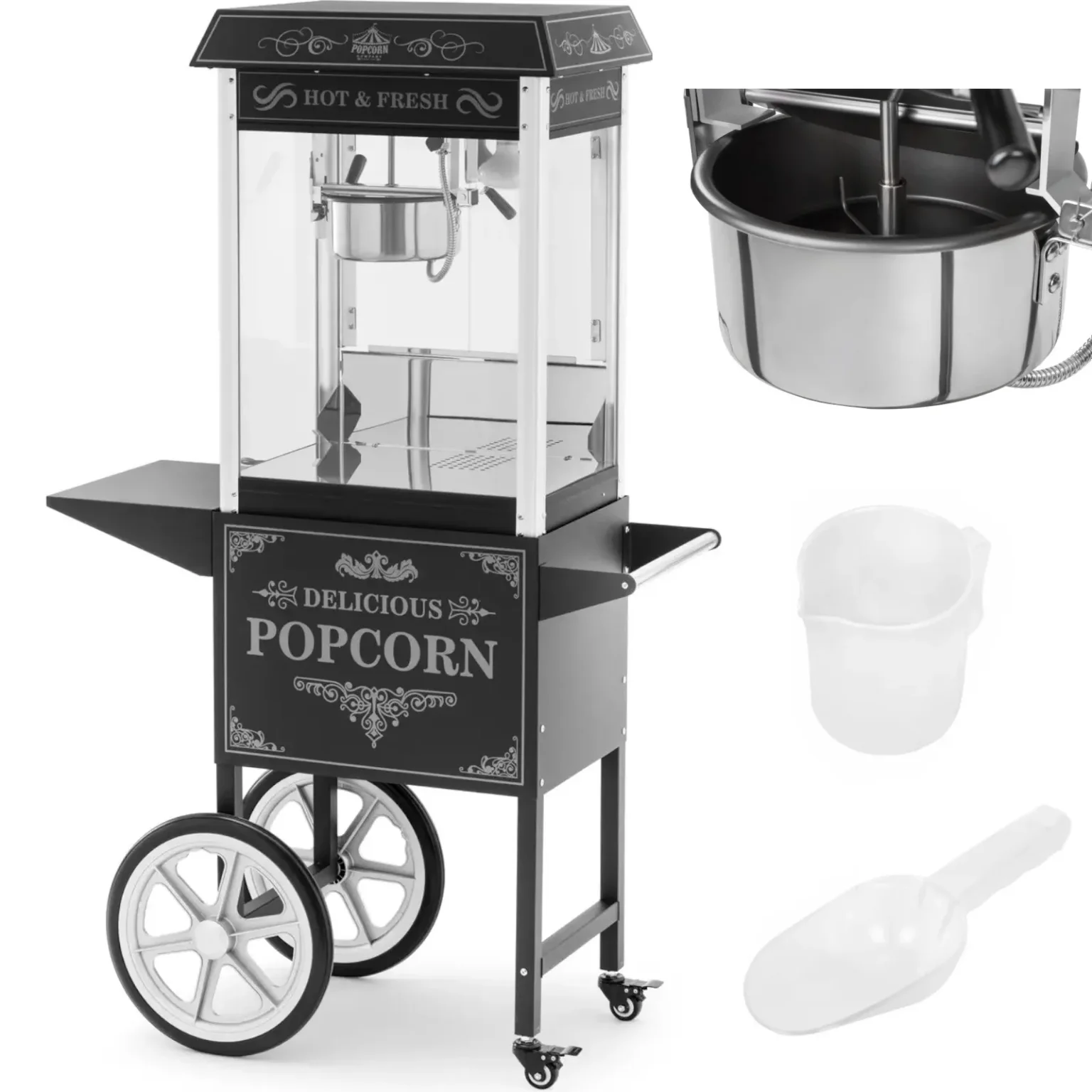 Professzionális popcornkészítő kocsival, RETRO világítással, 88 l, 1600 W, fekete