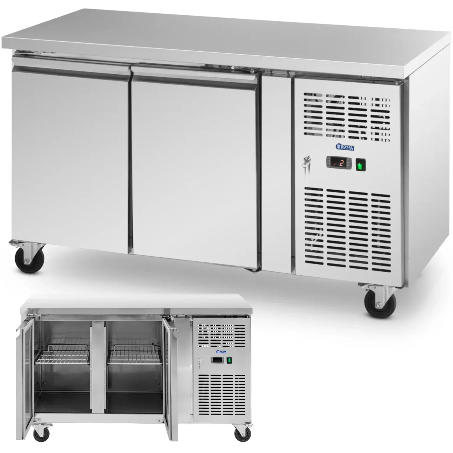 Masă frigorifică pentru catering pe roți, 2 compartimente, 260 L, 136x70x85 cm Masă frigorifică pentru catering pe roți, 2 compartimente, 260 L, 136x70x85 cm