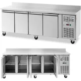 Masă frigorifică comercială cu margine înaltă, pe roți, 4 compartimente, 550 L, 223x70x95 cm