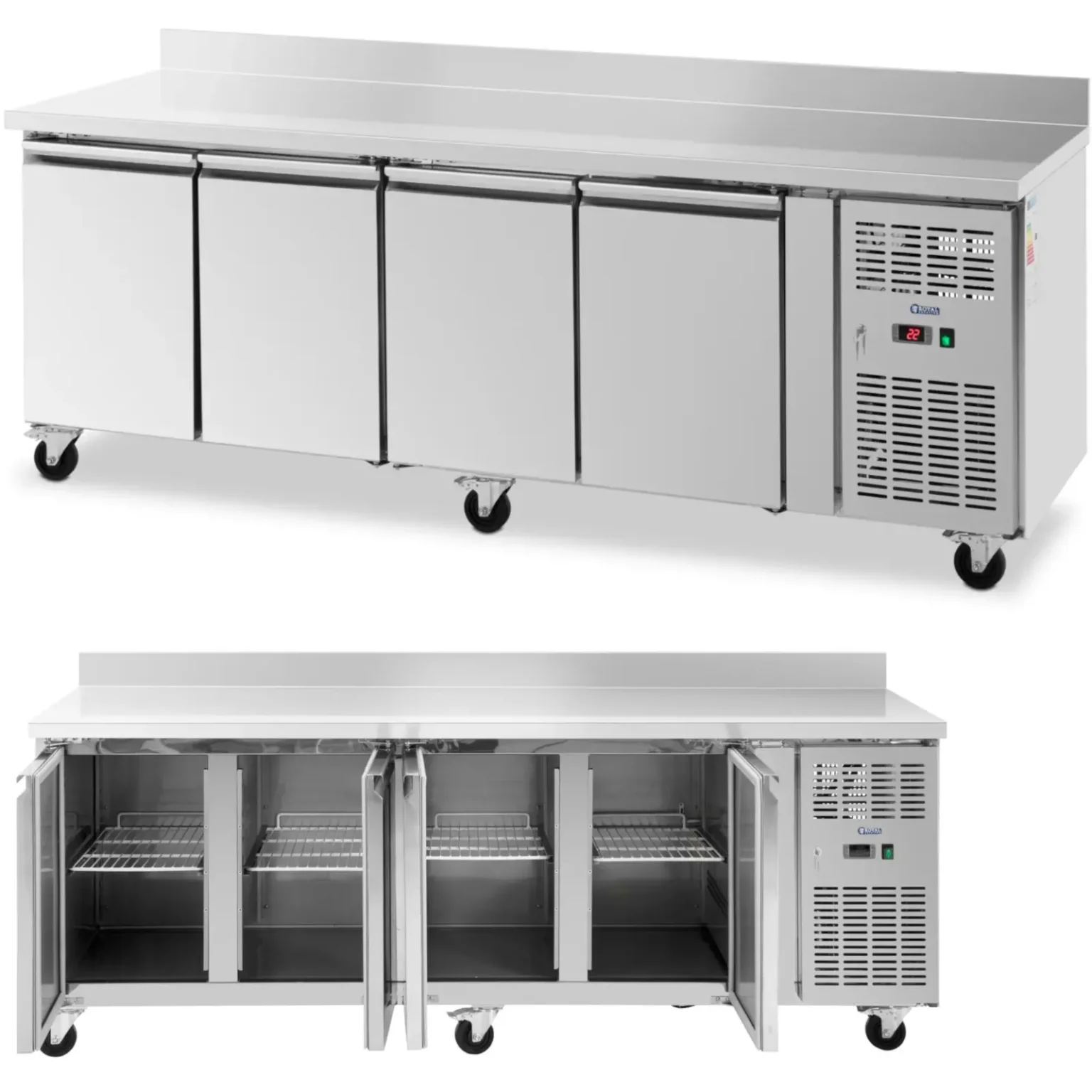 Masă frigorifică comercială cu margine înaltă, pe roți, 4 compartimente, 550 L, 223x70x95 cm Masă frigorifică comercială cu margine înaltă, pe roți, 4 compartimente, 550 L, 223x70x95 cm